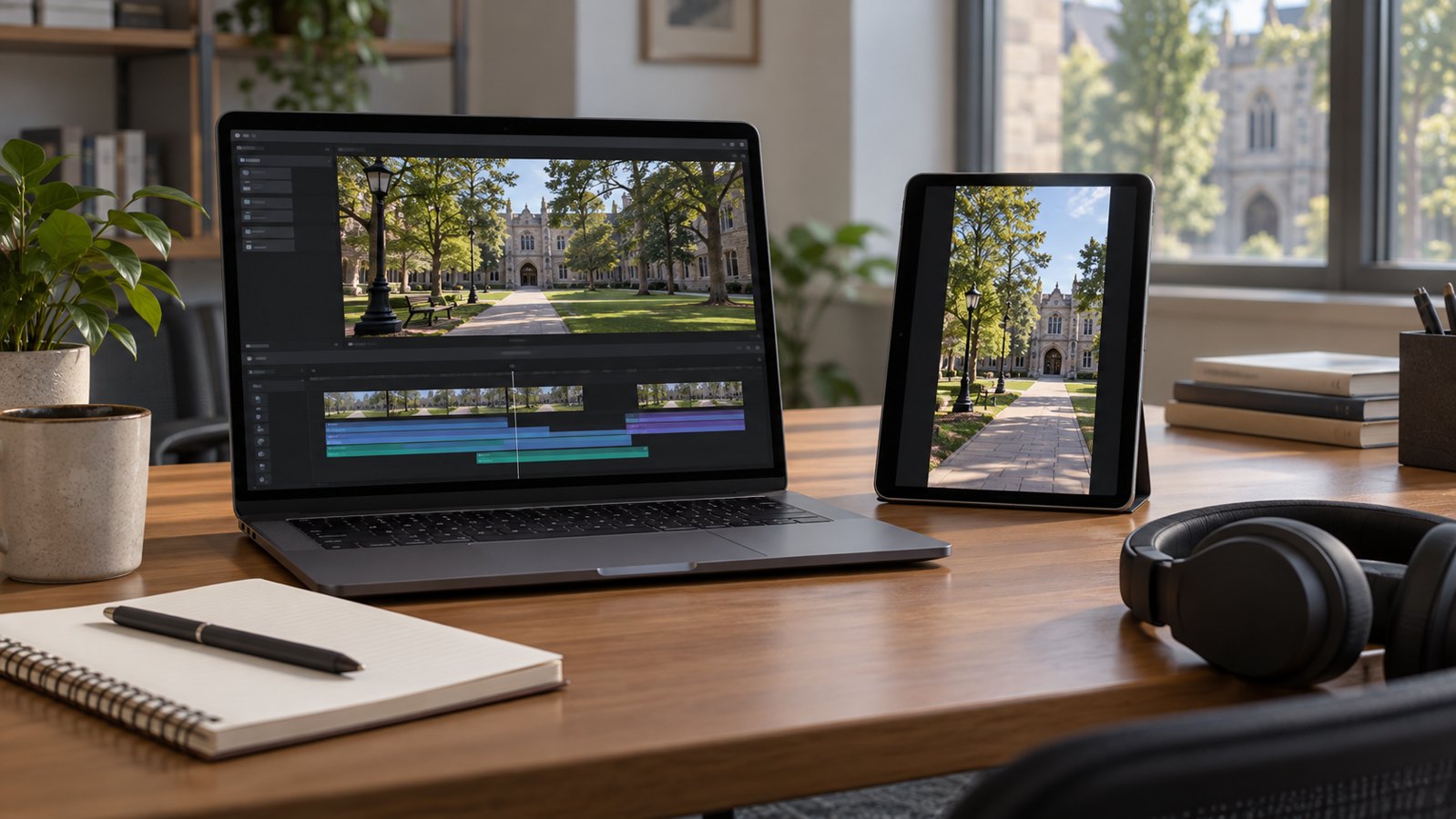 Institutional Video Production: A Stakeholder Guide 3 Laptop and tablet showing landscape and vertical versions of a campus video