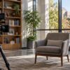 Camera and lighting prepared for an institutional interview in a fictional campus library