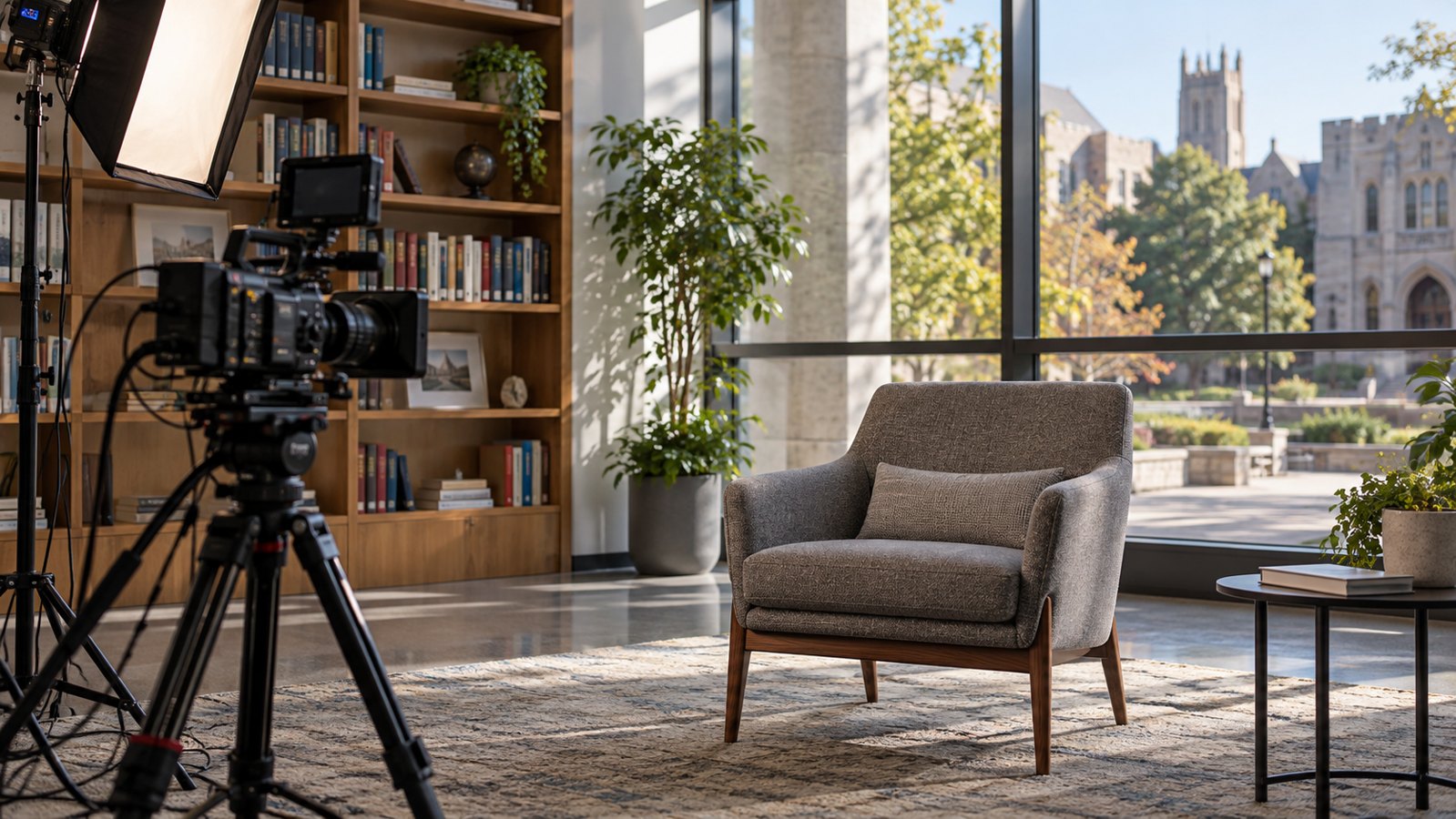 Institutional Video Production: A Stakeholder Guide 1 Camera and lighting prepared for an institutional interview in a fictional campus library