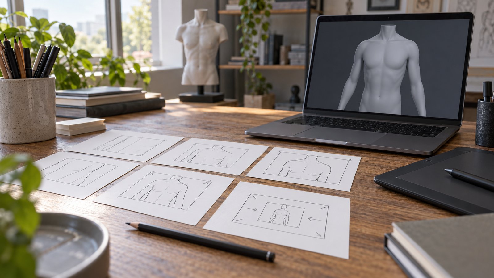 How is Virtual Reality Used in Plastic Surgery? 2 Illustration of storyboard cards and a simplified model for medical animation planning
