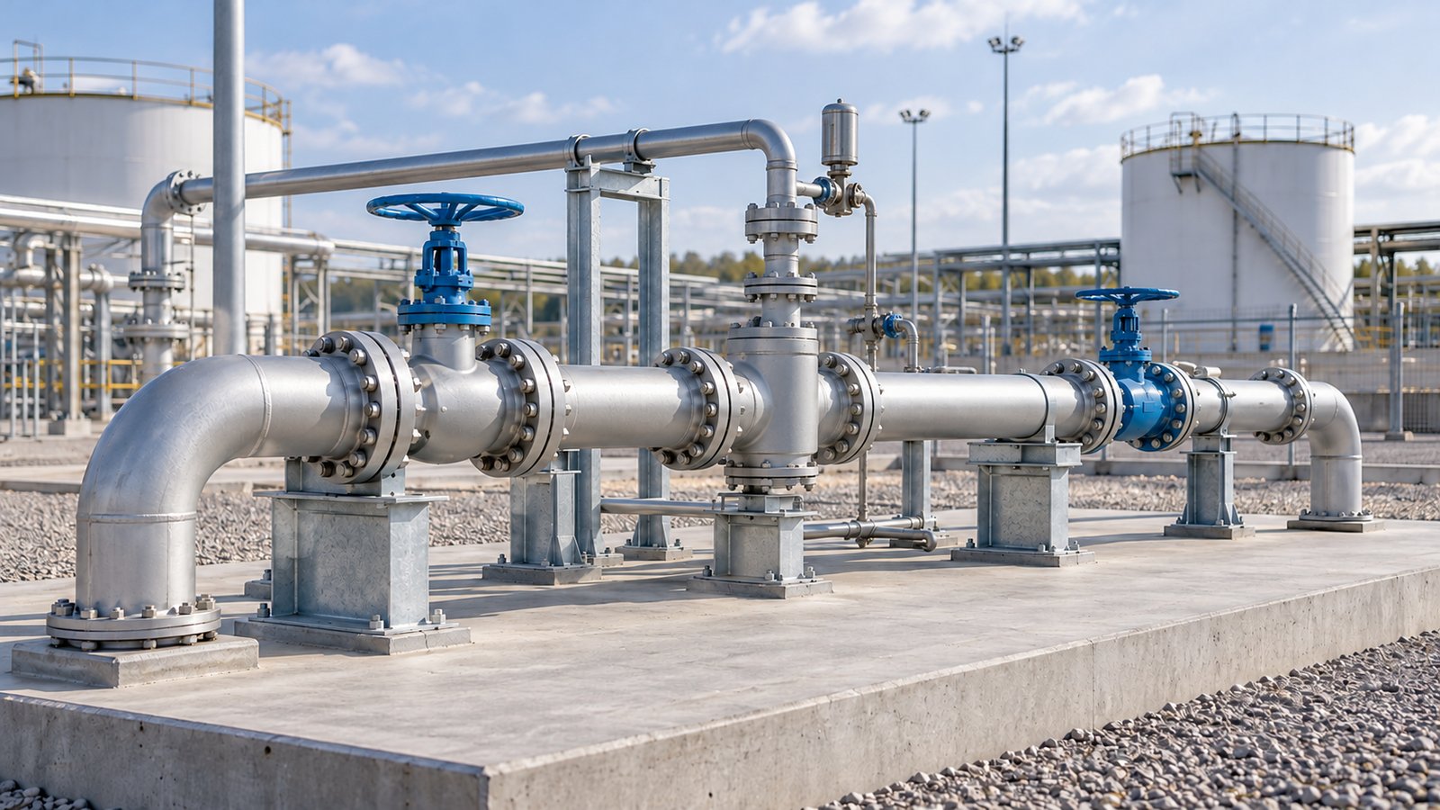 Stationary fictional pipe and valve equipment on a concrete base