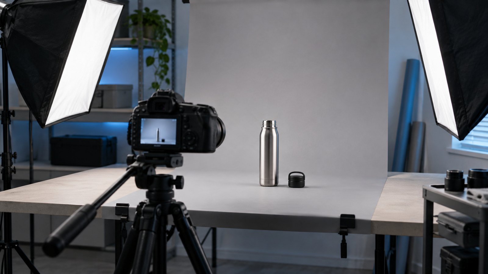 Tabletop product demonstration filming setup with camera and softbox lights