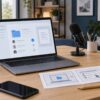 Laptop and storyboard panels prepared for a product walkthrough video