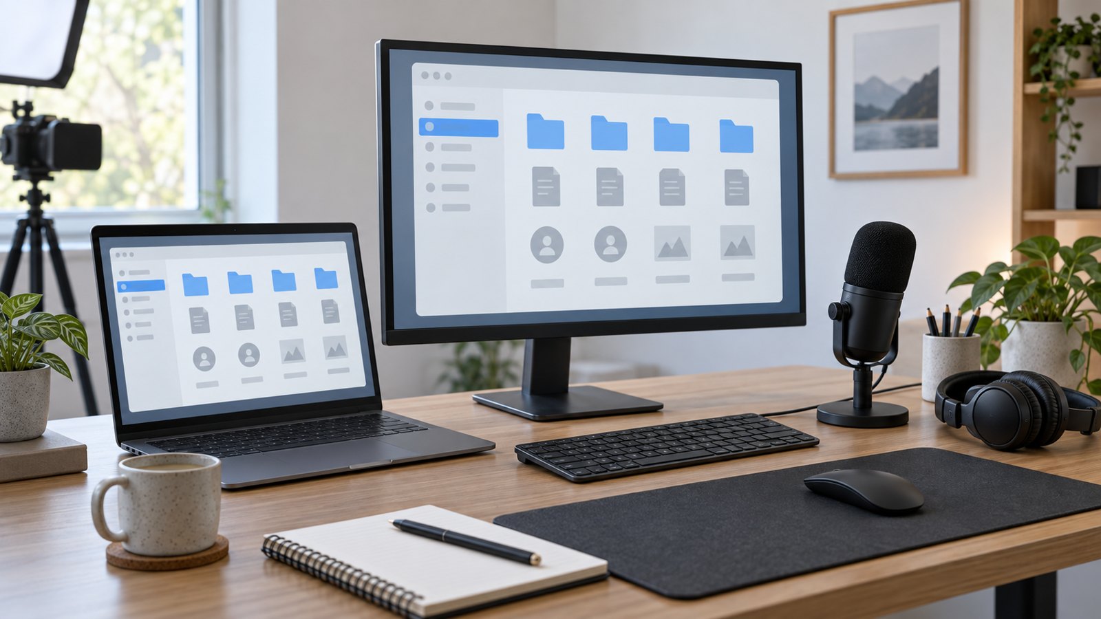Laptop and external monitor prepared to record a fictional software walkthrough