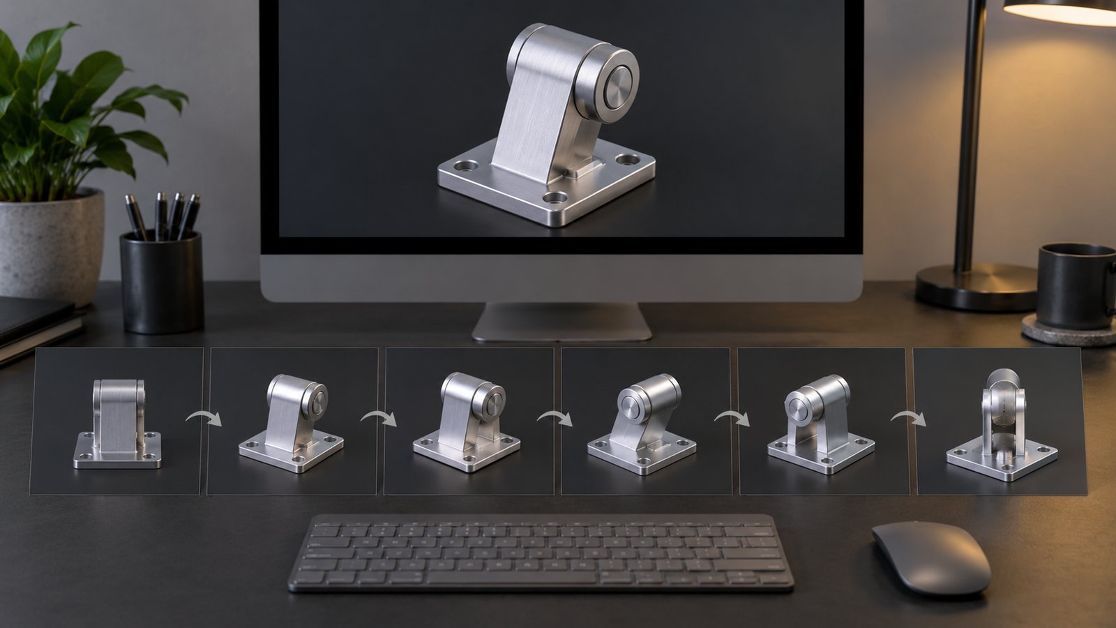 Six illustrative frames of a rotating mechanical product