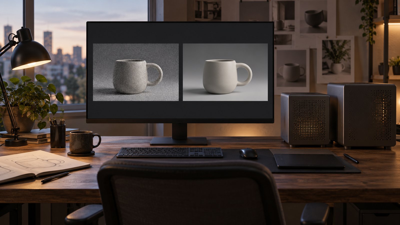 Fictional render workstation comparing coarse and smooth images