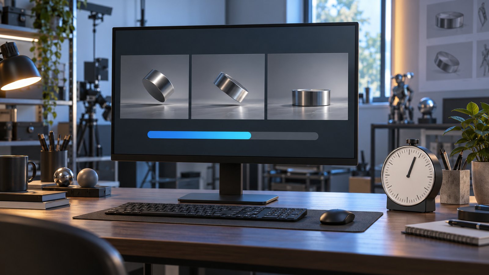 Fictional workstation displaying a product animation render sequence