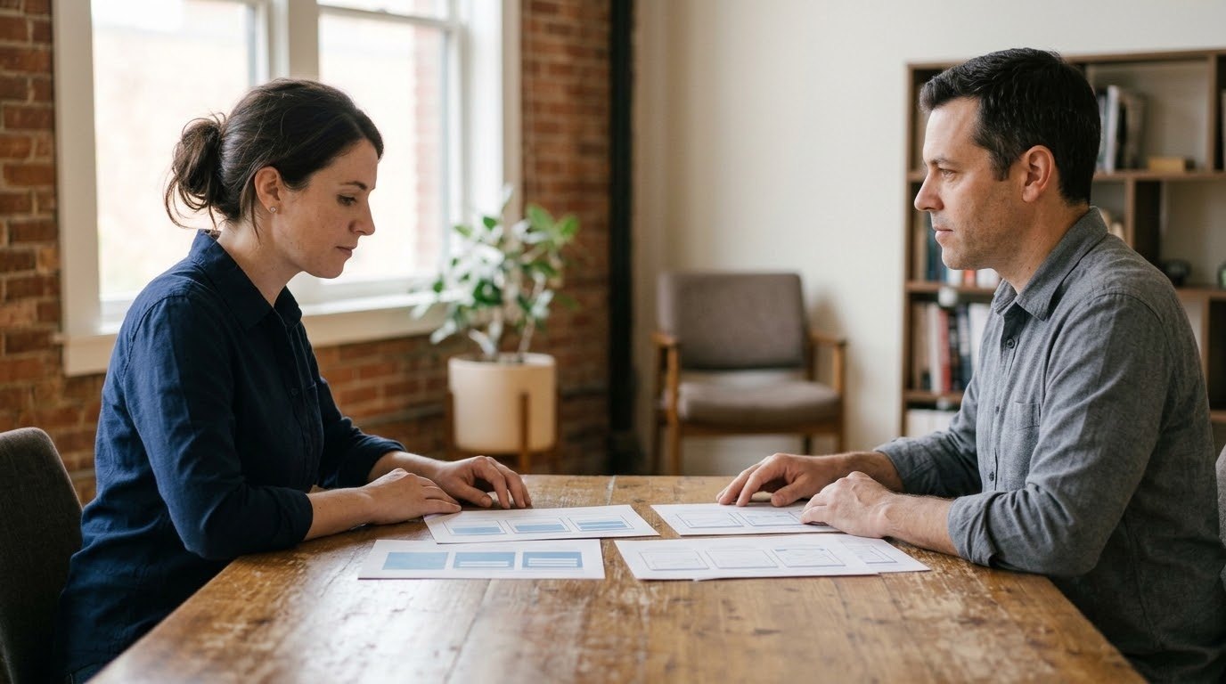 Two professionals reviewing fictional software demo storyboards during a production planning meeting