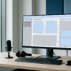 Desktop workspace with a fictional software workflow on a monitor and a microphone for recording a SaaS demo video