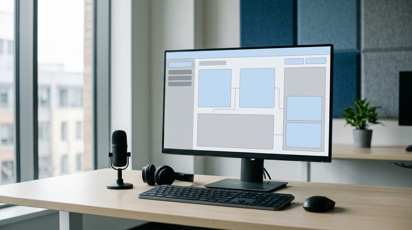 Desktop workspace with a fictional software workflow on a monitor and a microphone for recording a SaaS demo video