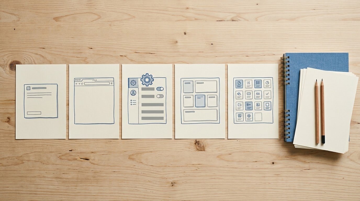 Storyboard cards showing a fictional software workflow from task selection to completed output