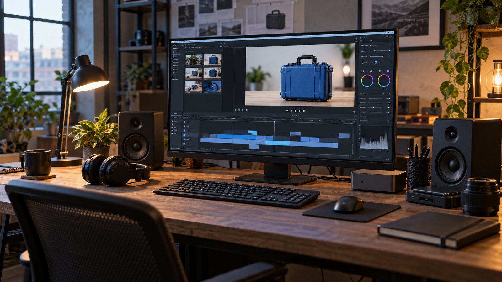 Video editing monitor displaying a fictional product demonstration and timeline