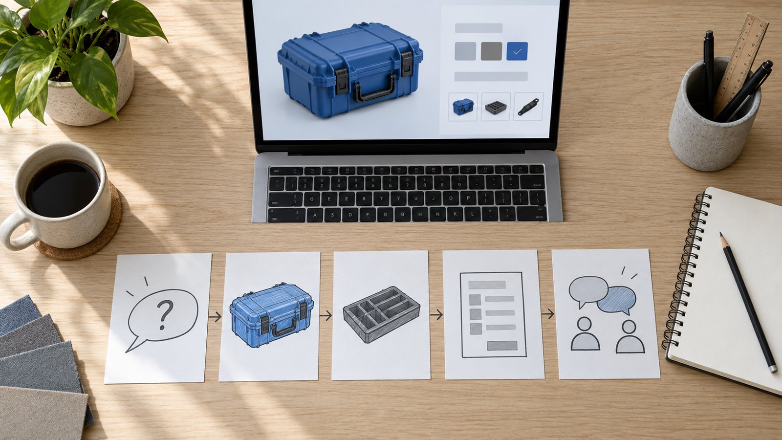 Storyboard cards and a laptop arranged to plan a buyer-focused sales demonstration