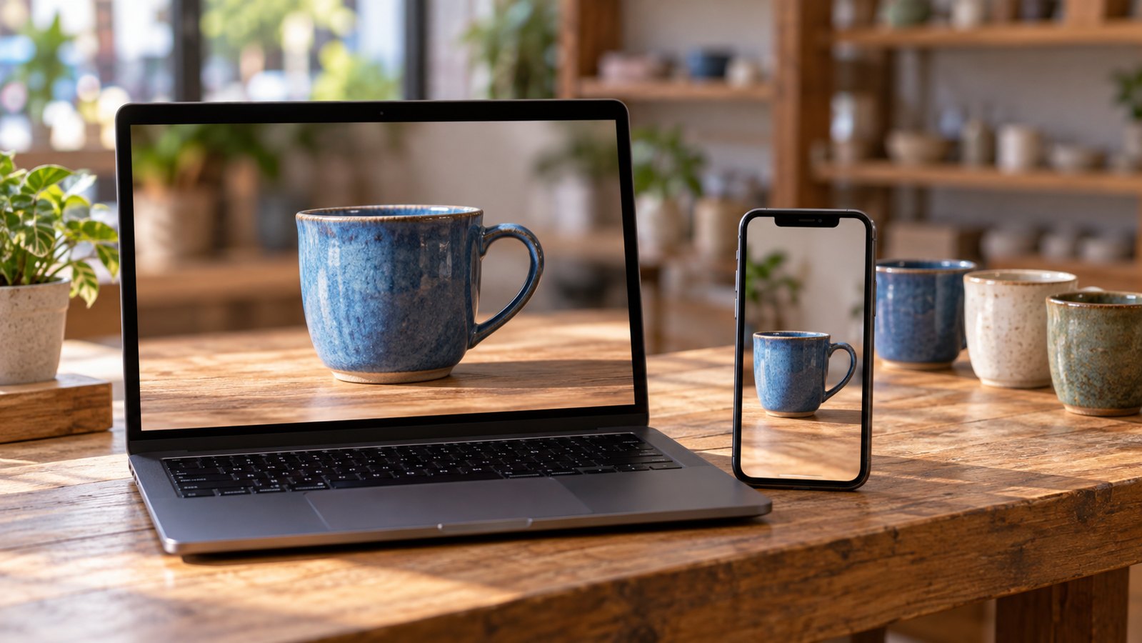 Laptop and smartphone displaying a ceramic product video in two screen formats