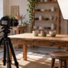 Camera and softbox prepared to film ceramic products in a small pottery shop
