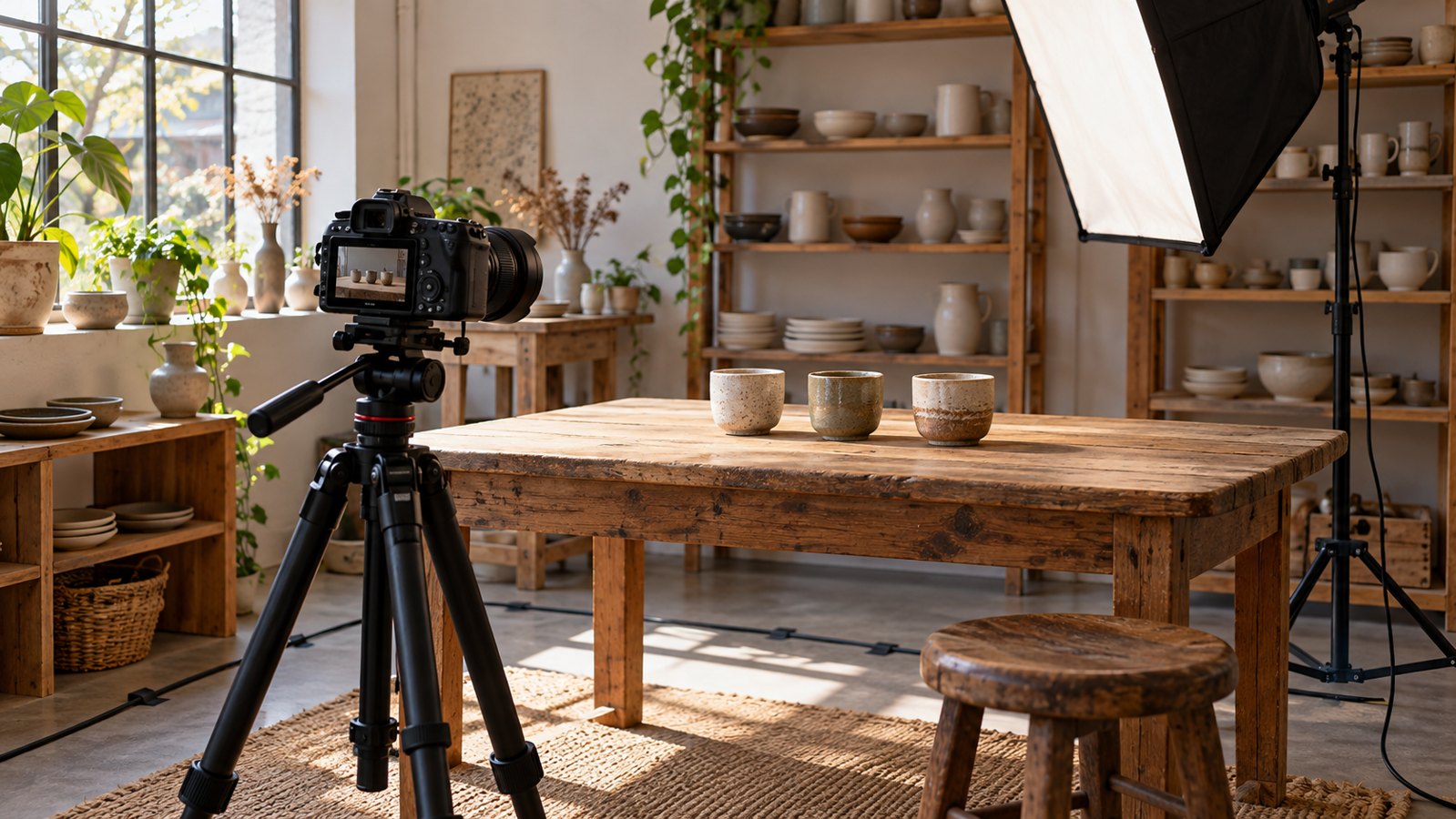 Camera and softbox prepared to film ceramic products in a small pottery shop