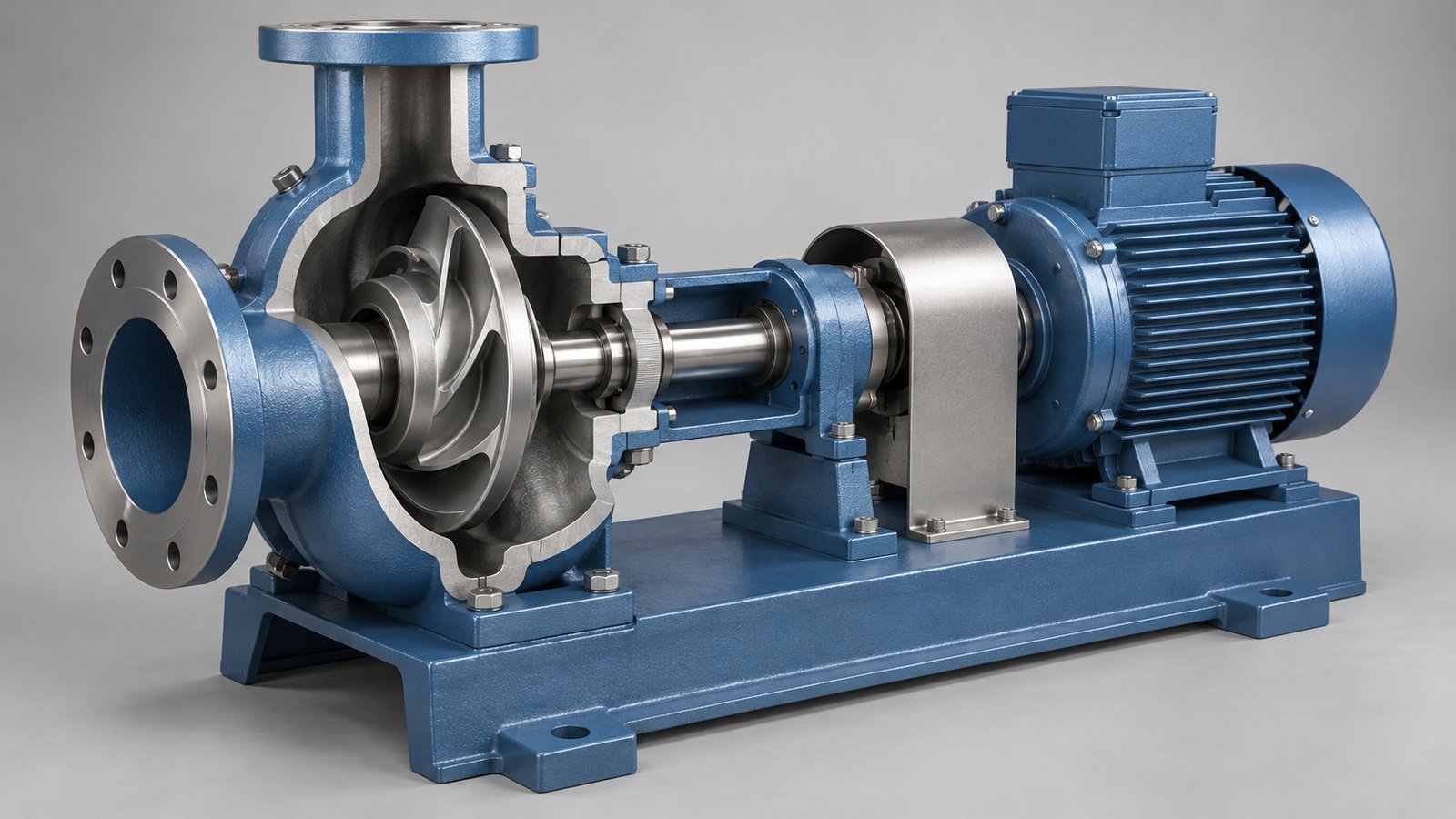 Cutaway illustration of a fictional industrial pump and drive motor