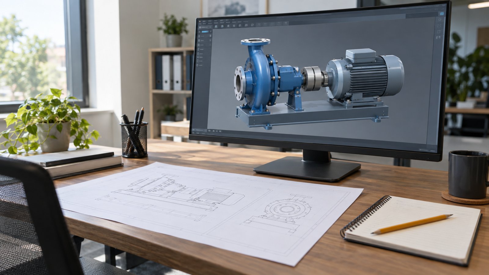 Engineering review desk with a fictional pump model and schematic