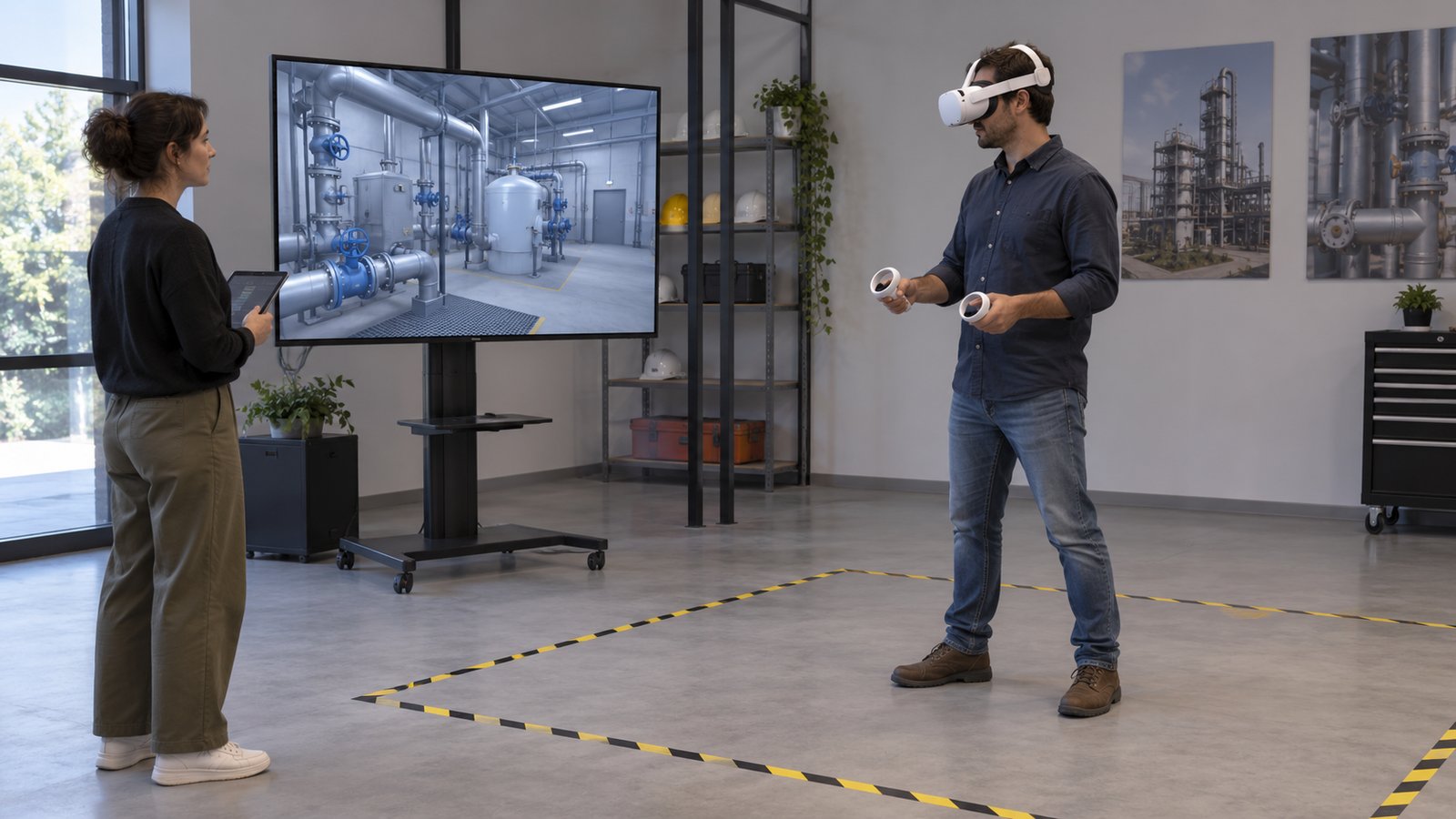 Illustration of a facilitator observing a fictional industrial VR training session