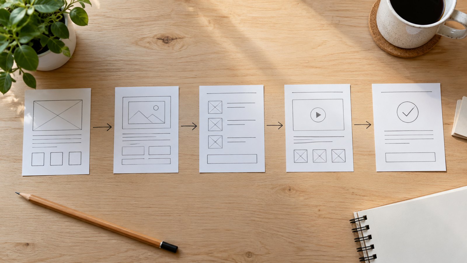Paper website wireframes arranged to plan one customer journey