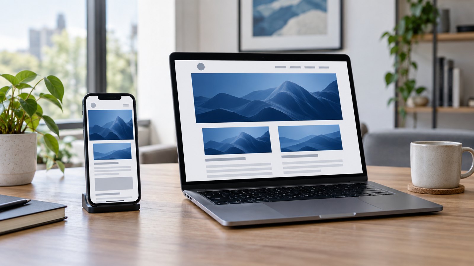 Phone and laptop used to compare website layouts at different screen sizes