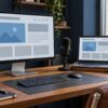 Desktop recording workspace with website wireframes and a microphone