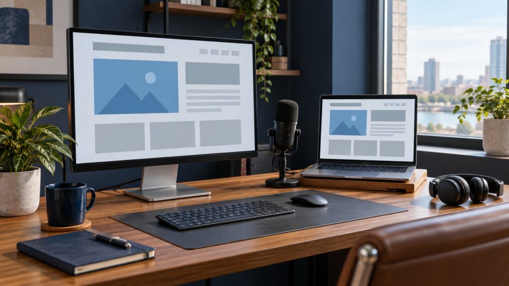 Website Demo Video: Explain the Customer Journey 18 Desktop recording workspace with website wireframes and a microphone