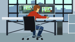 the person in the red shirt is creating a promotional video on the computer