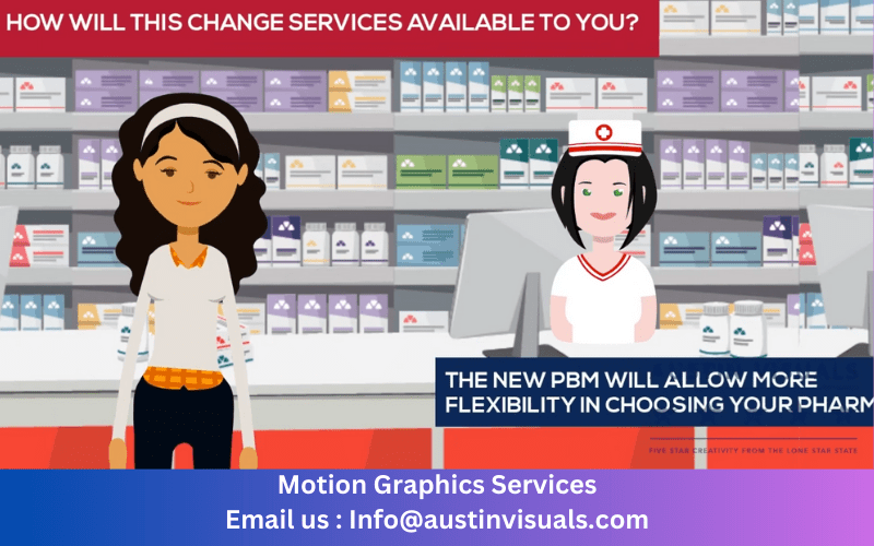 A screenshot of a 2D animated explainer video produced by Austin Visuals. The image depicts a customer standing in front of a pharmacy and a nurse approaching them