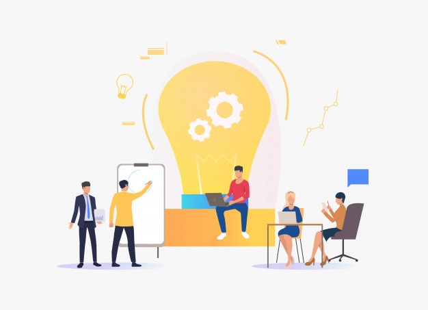 Light bulb, people discussing ideas and working Free Vector