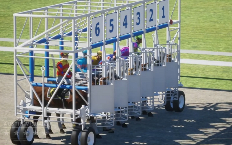 3D animated horse racing scene showing jockeys and horses positioned in starting gates created by Austin Visuals for Custom Horse Race Party Kit