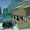 3D corporate animation depicting a train labeled BCG arriving at Strategy Station with penguin characters waiting on the platform created by Austin Visuals