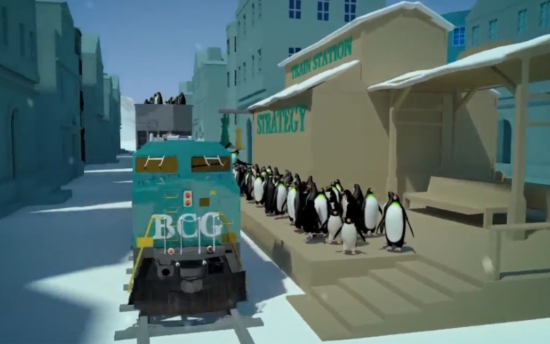 3D corporate animation depicting a train labeled BCG arriving at Strategy Station with penguin characters waiting on the platform created by Austin Visuals