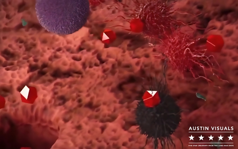 3D medical animation depicting cells and molecules interacting within the human body illustrating complex biological processes Austin Visuals branding is visible in the bottom right corner