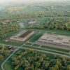 3D rendered aerial view industrial complex factories warehouses roads green landscapes