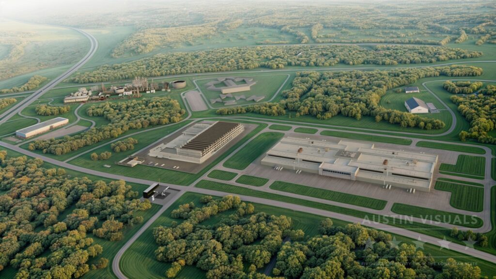 3D rendered aerial view industrial complex factories warehouses roads green landscapes