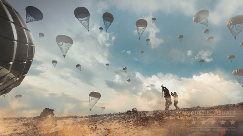 3D rendered military paratroopers landing parachutes sky action scene