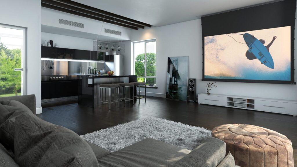 3D rendered modern living room kitchen projector screen surfer artwork contemporary furniture