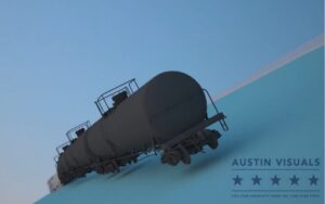 D rendering of a rail tanker car created by Austin Visuals illustrating crude oil transport for the Vancouver Energy Terminal project