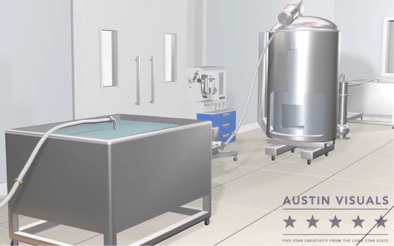 3D visualization of a biopharmaceutical cleanroom setup highlighting equipment and fluid transfer processes created by Austin Visuals for Refine Technology