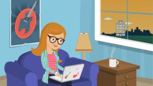 3d animated illustration of a girl ecommerce analyst doing her regular day work at her home using her laptop while having a coffee