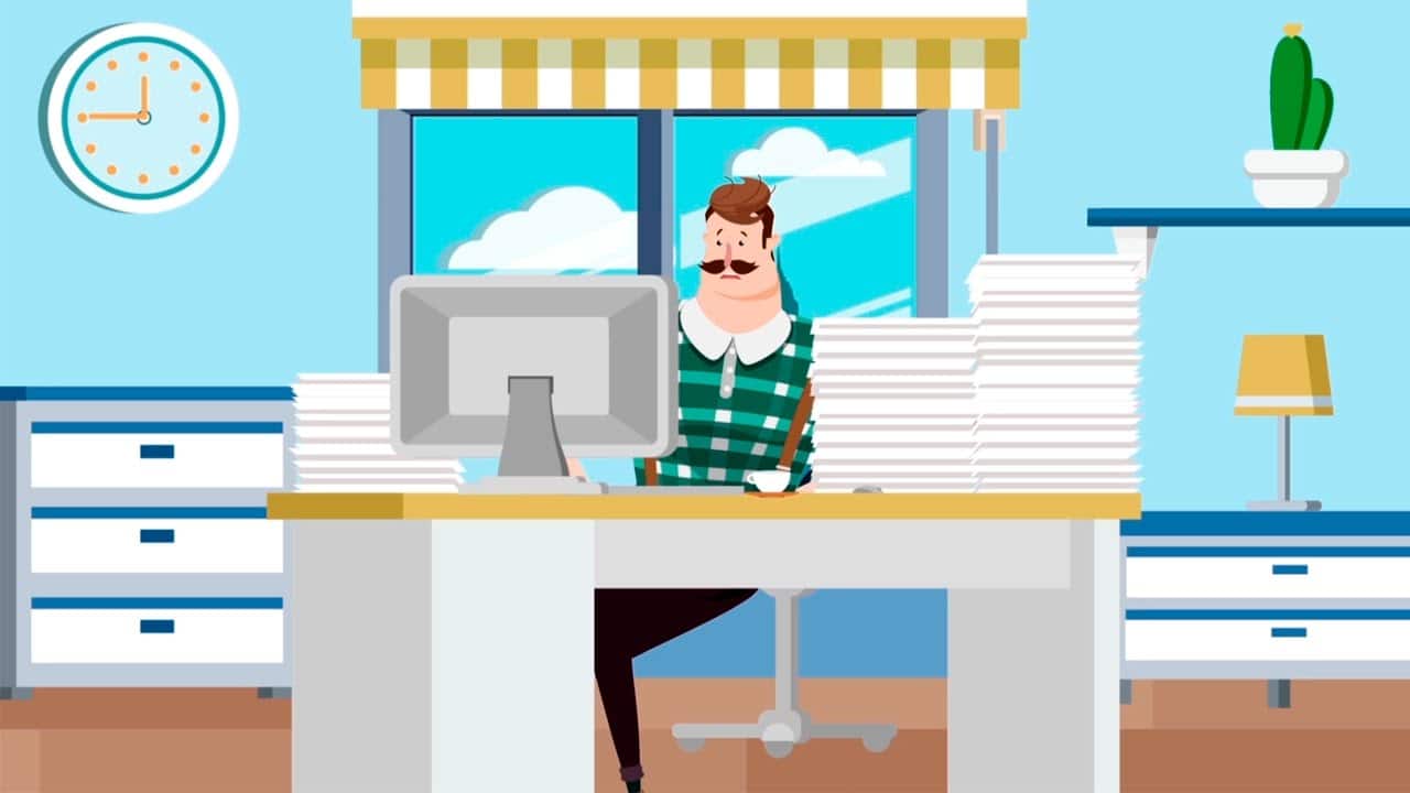 animated video company 2d guy at the office with load of paperwork on his desk
