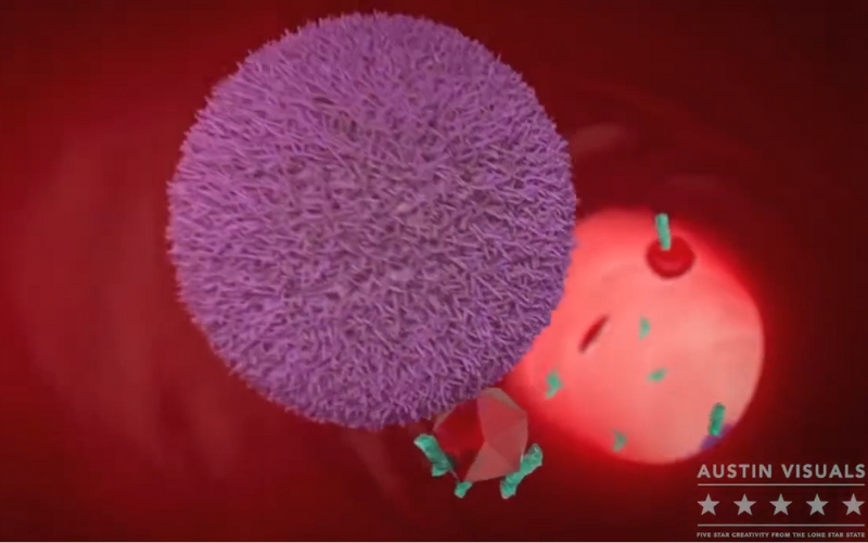 A 3D medical animation showing a purple cell interacting with molecular structures in a red bloodstream created by Austin Visuals