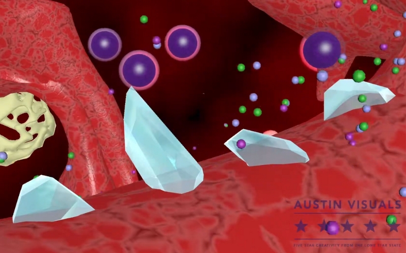 A 3D medical animation showing crystal like structures and colorful molecules interacting in a red bloodstream environment created by Austin Visuals