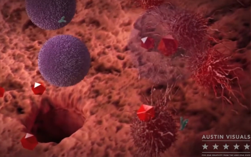 A 3D medical animation showing purple cells and red molecular structures interacting on a textured surface created by Austin Visuals