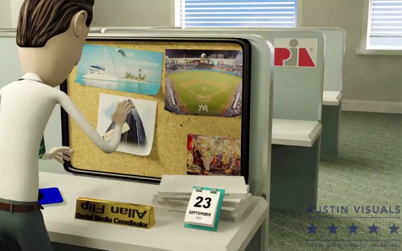 Animated office scene with a character pinning photos on a bulletin board a desk calendar and a nameplate in view