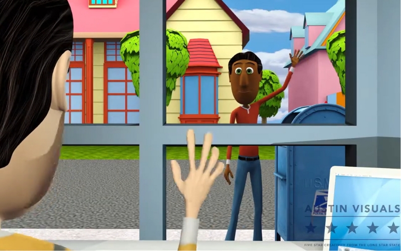 Animated scene depicting two characters interacting through a window in a vibrant neighborhood setting with a laptop displaying the Austin Visuals logo in the foreground