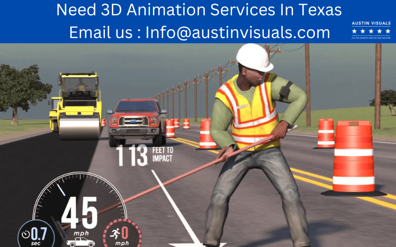 Austin Visuals' 3D animation depicts a worker avoiding a pickup truck while operating a road roller. The worker is wearing a notification device on his arm that alerts him to oncoming danger. The scene is set on a road with construction barriers visible in the background. Austin Visuals is the best 3d animation services in Texas