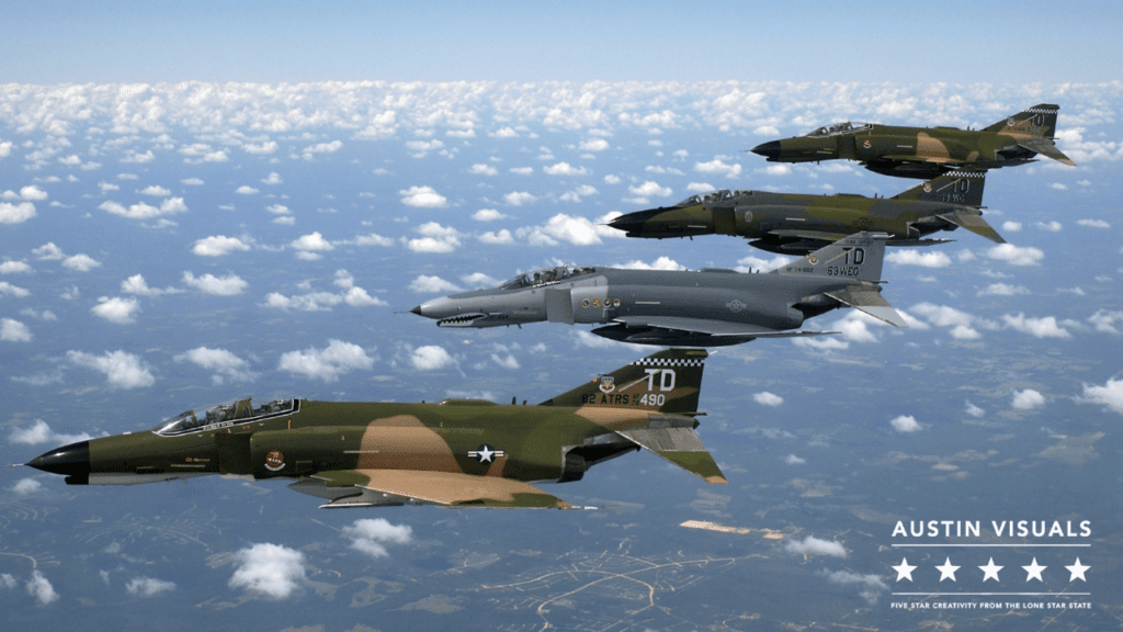 military flight animation showing 4 USA fighter jets during a military's exercise procedure