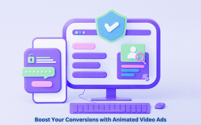 An animated video ad featuring colorful illustrations and graphics, promoting a product or service. The text reads 'Boost Your Conversions with Animated Video Ads'
